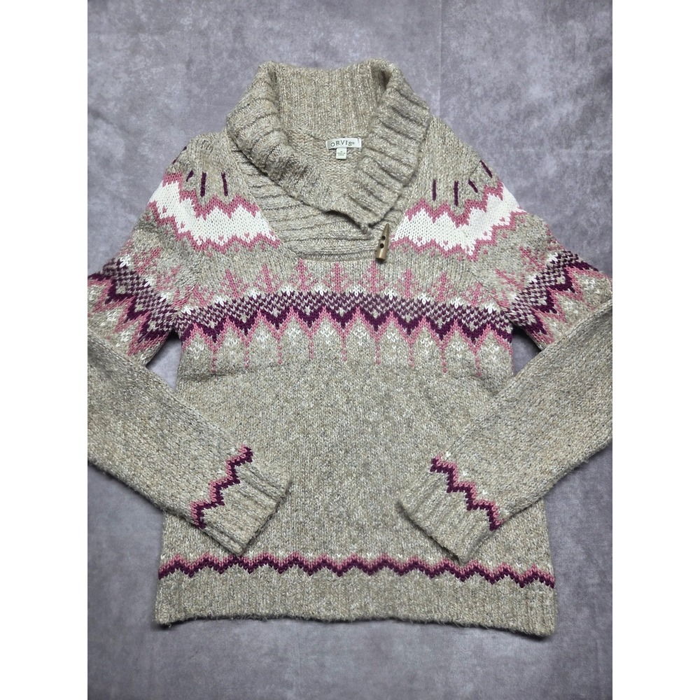 Orvis Fair Isle Sweater Women's Medium Beige Pink Shawl Collar Cotton Blend